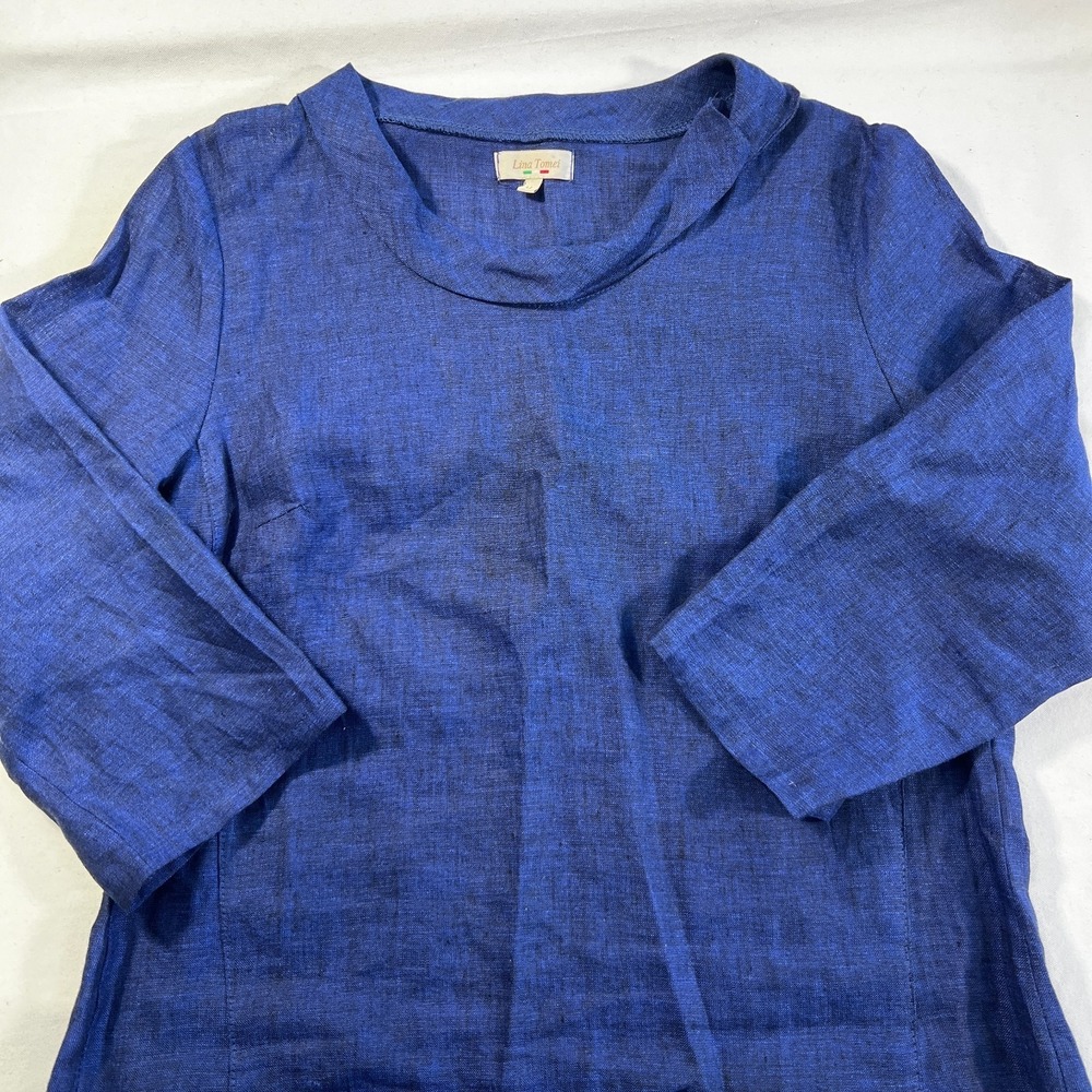 blue linen blouse womens M summer shirt pretty lightweight top cruise essentials
